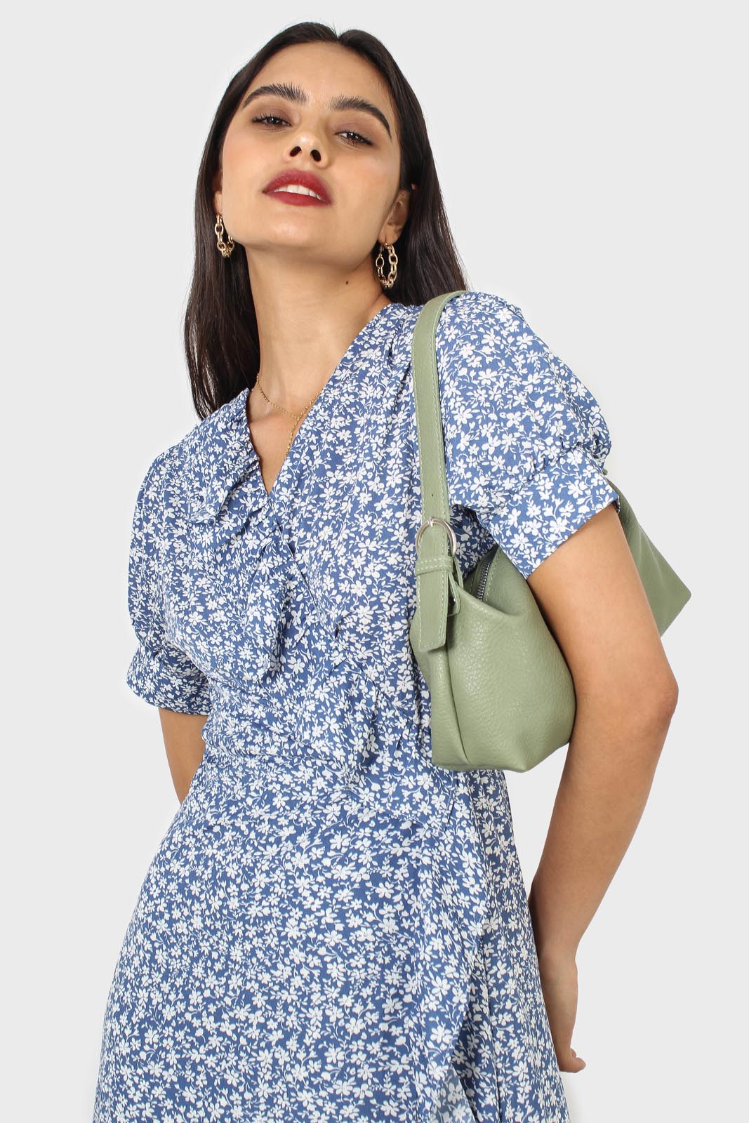 Blue and white tiny floral wrap ruffle midi dress_12