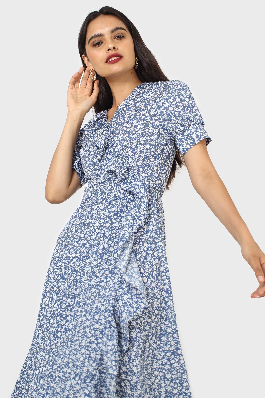 Blue and white tiny floral wrap ruffle midi dress_7