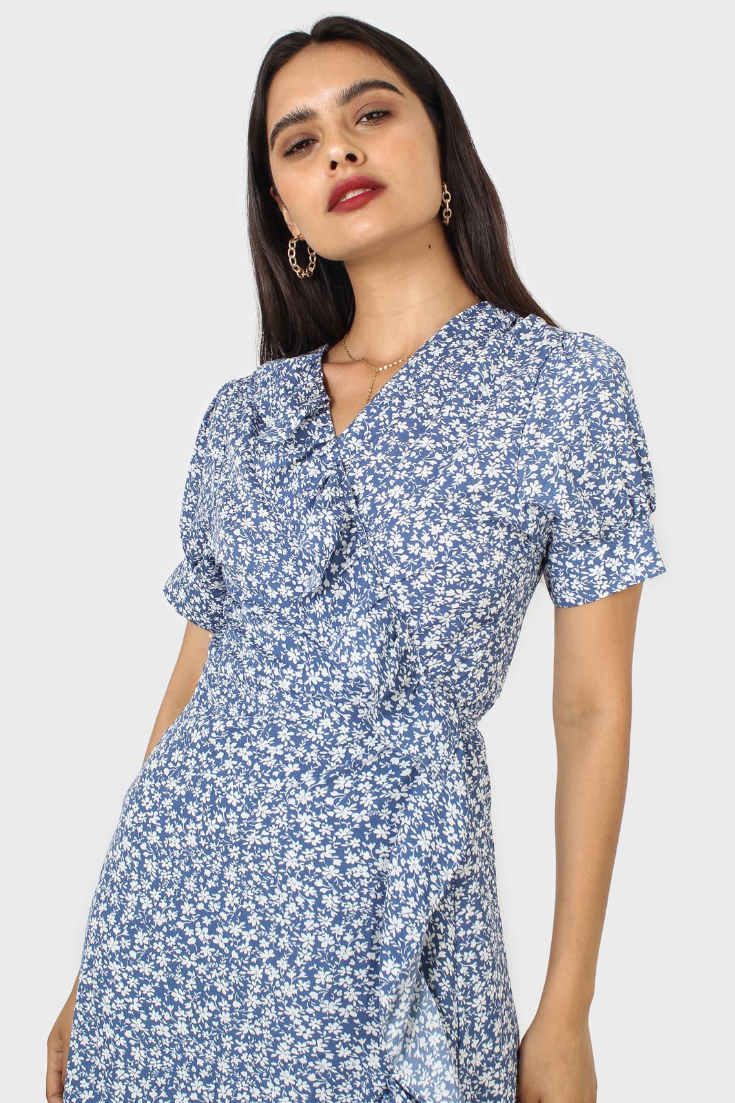 Blue and white tiny floral wrap ruffle midi dress_2