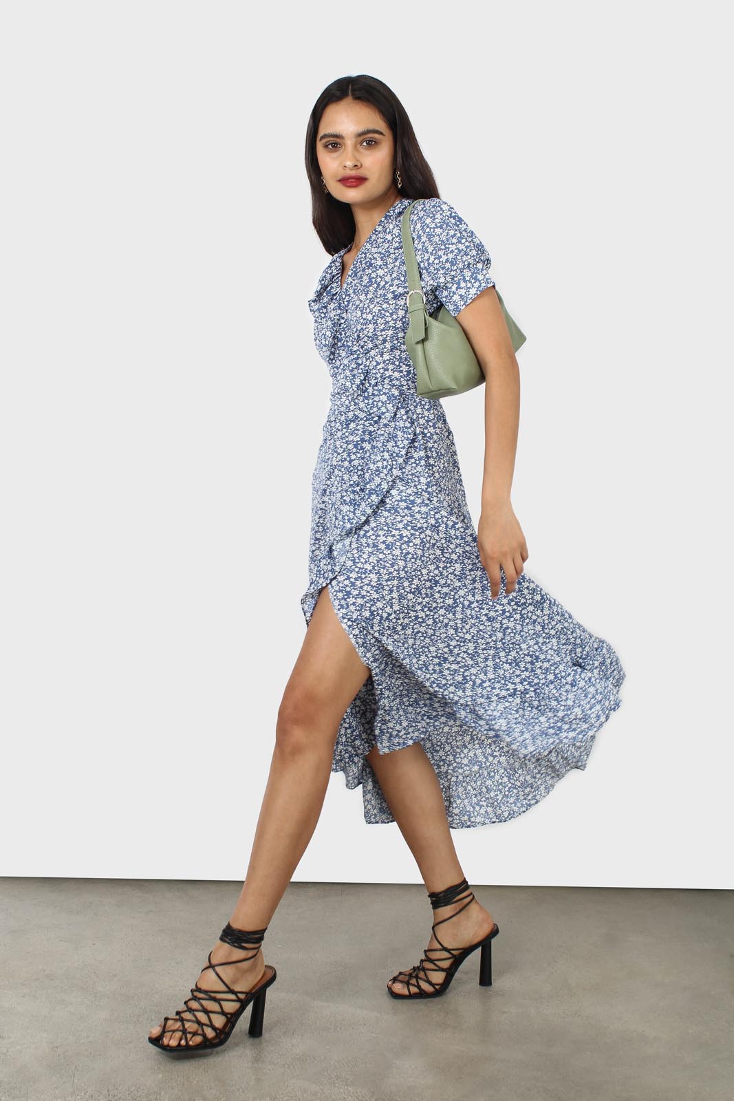 Blue and white tiny floral wrap ruffle midi dress_3