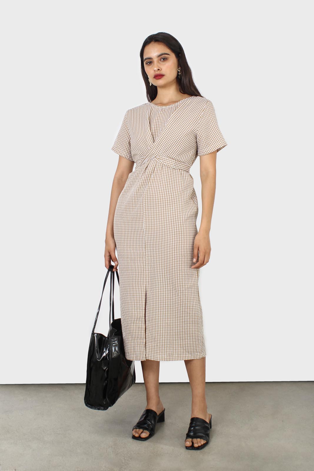Dark beige and white gingham tie front dress_11
