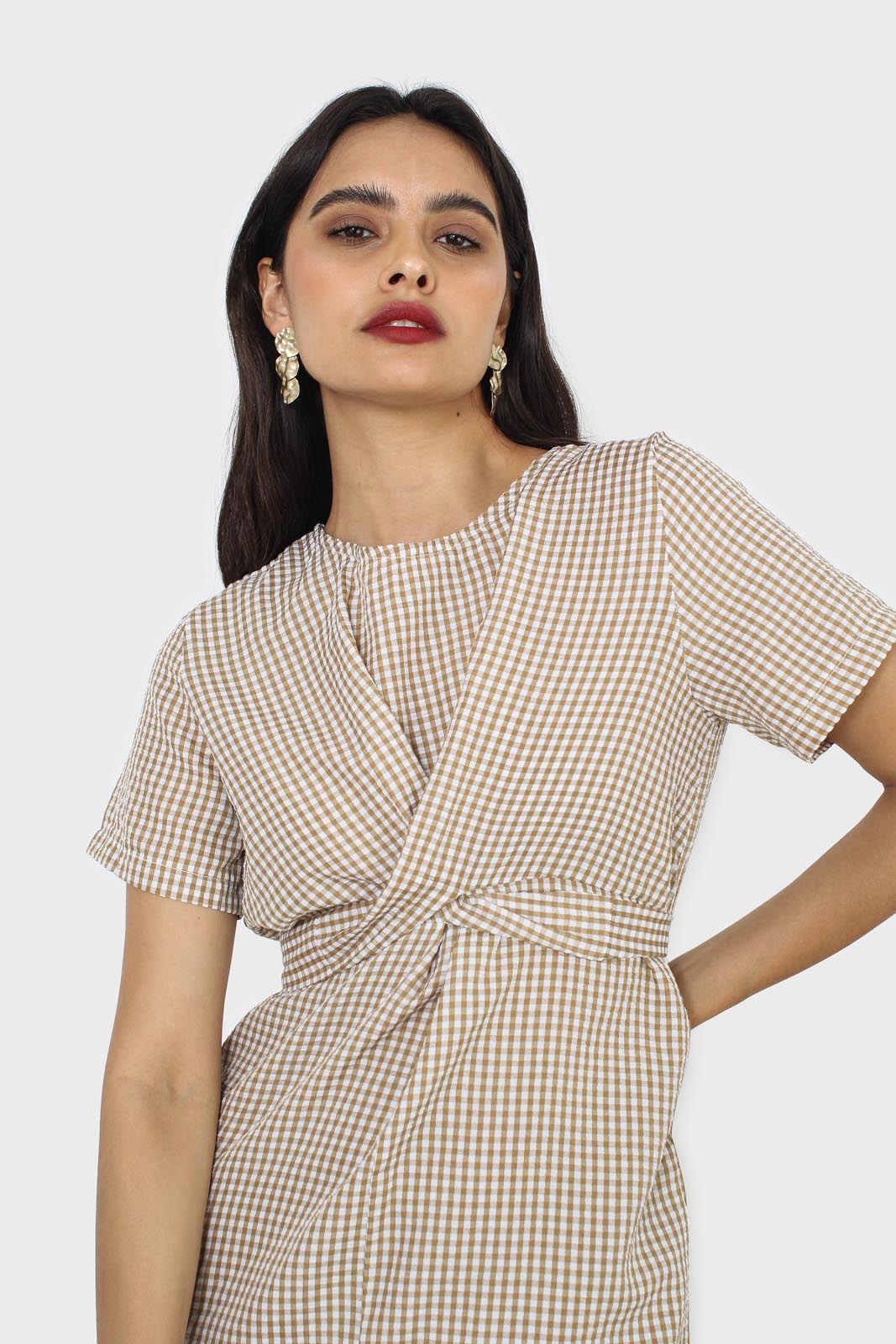 Dark beige and white gingham tie front dress_4