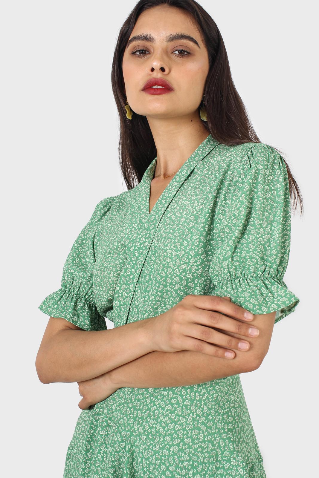 Green and ivory floral puffed sleeve wrap mini dress_10