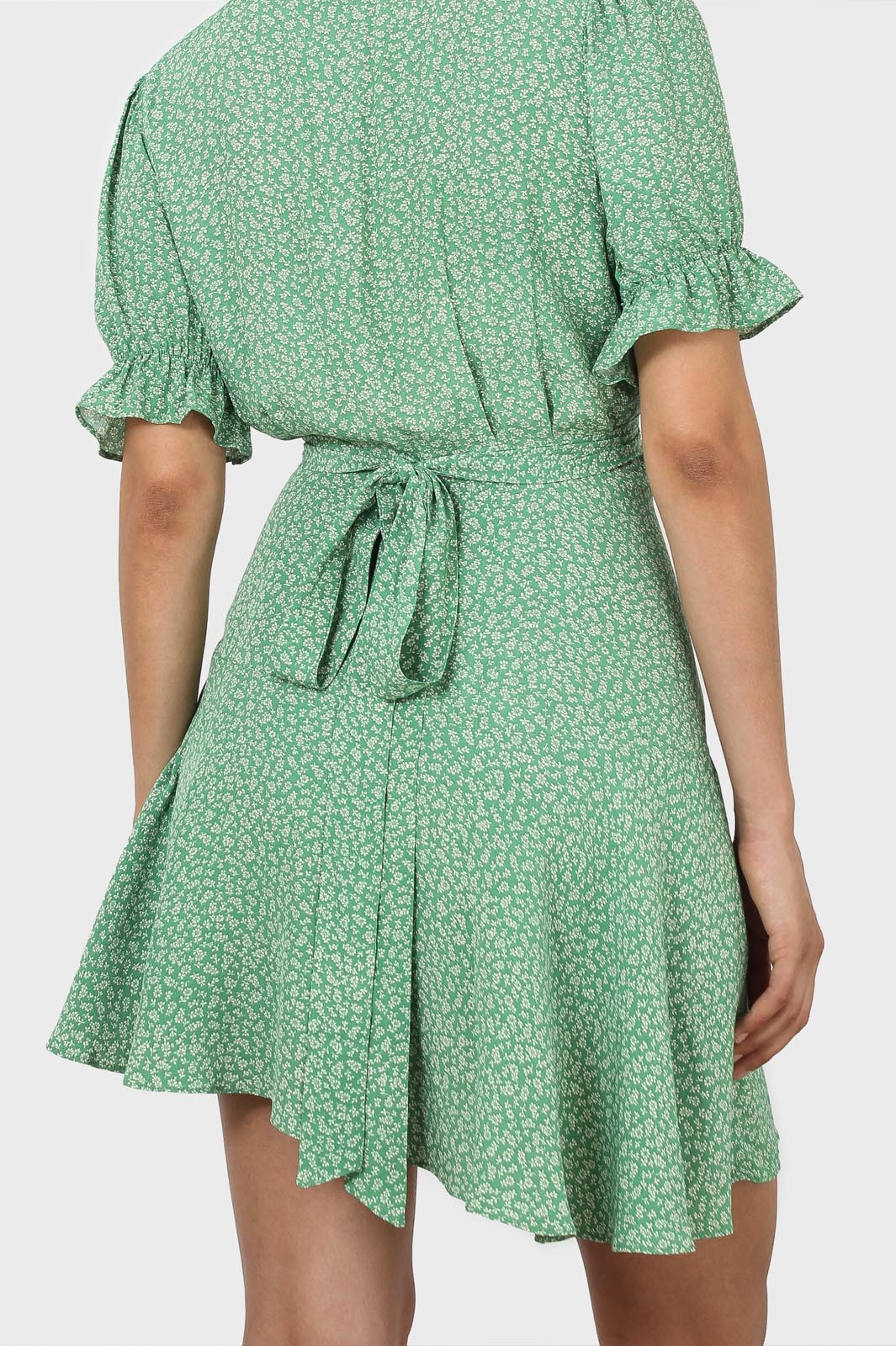 Green and ivory floral puffed sleeve wrap mini dress_2