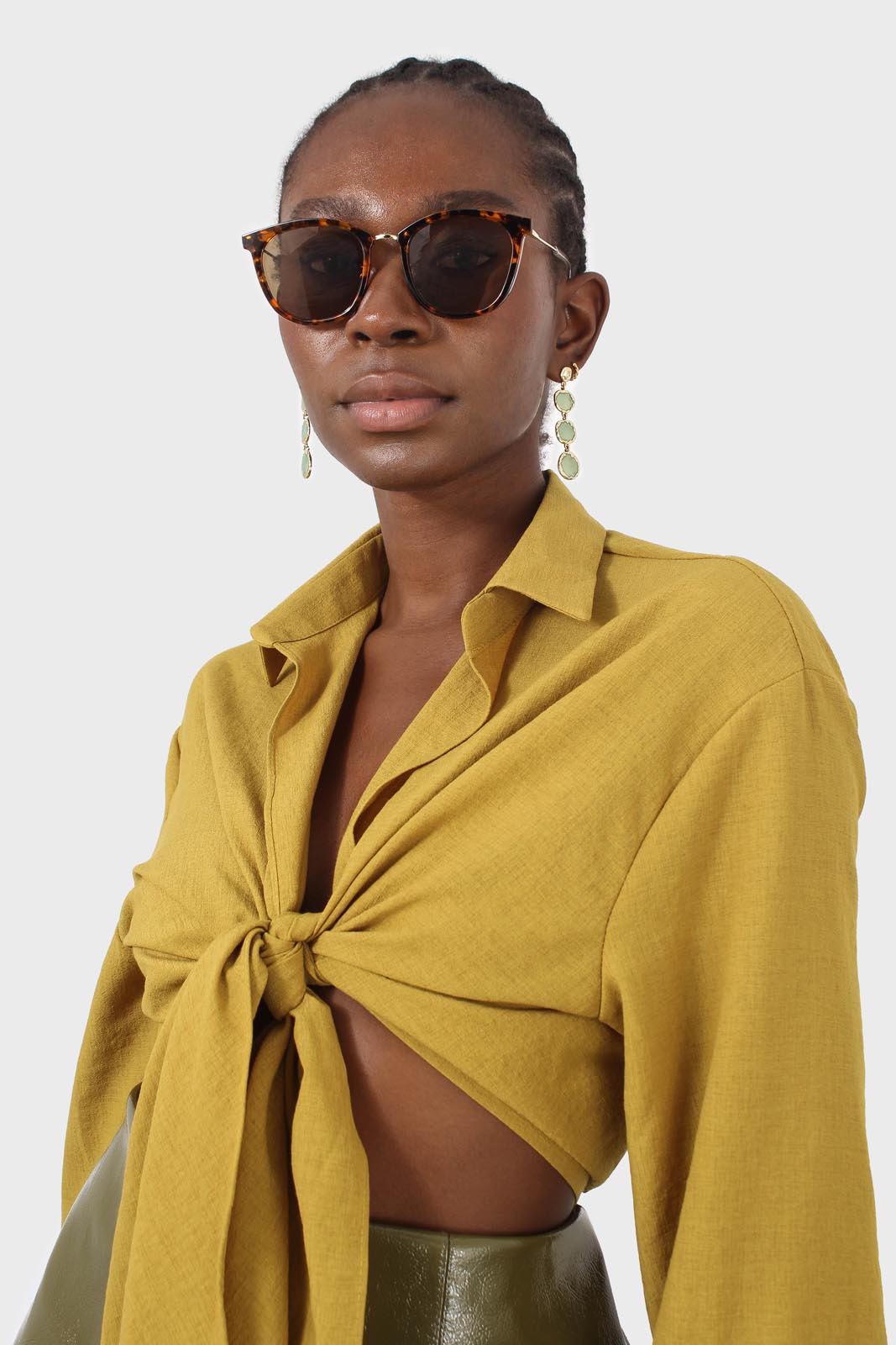 Chartreuse linen plunging tie front shirt_6