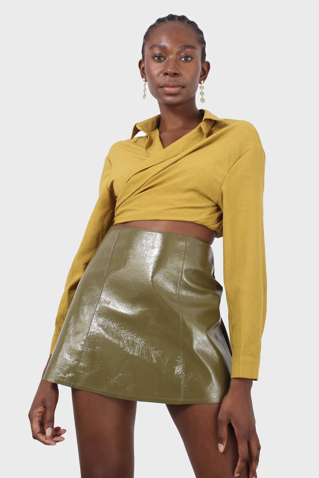 Chartreuse linen plunging tie front shirt_2