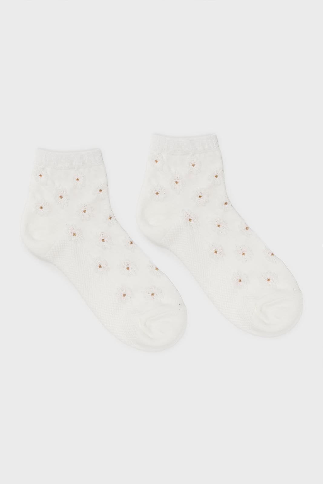 White floral tuft ankle socks_3