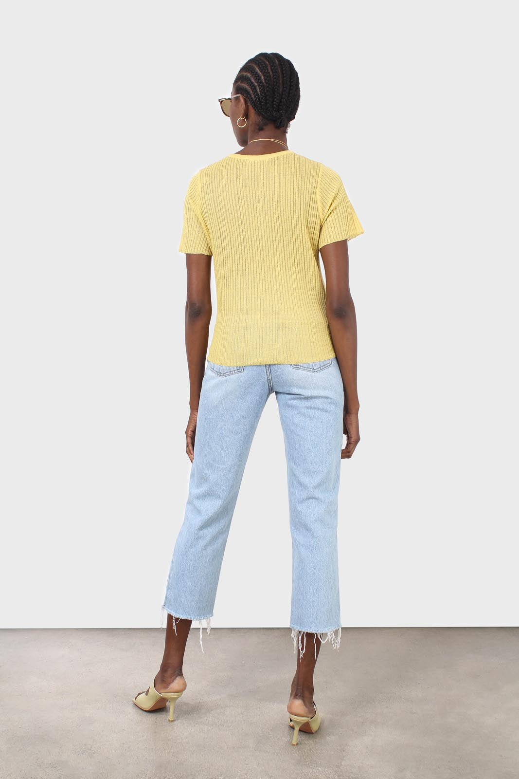 Yellow pull string tie front ribbed knit top_5
