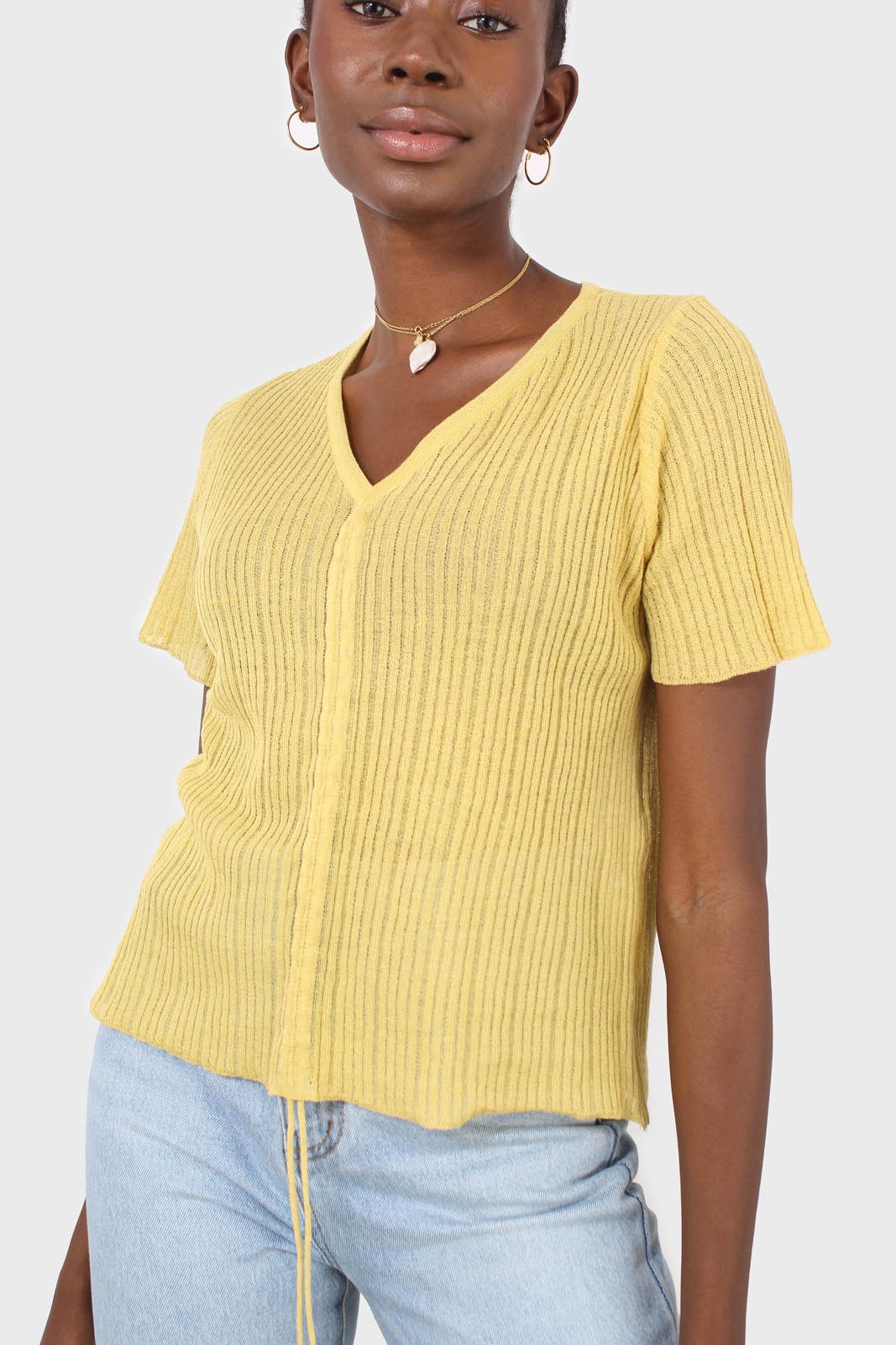 Yellow pull string tie front ribbed knit top_7