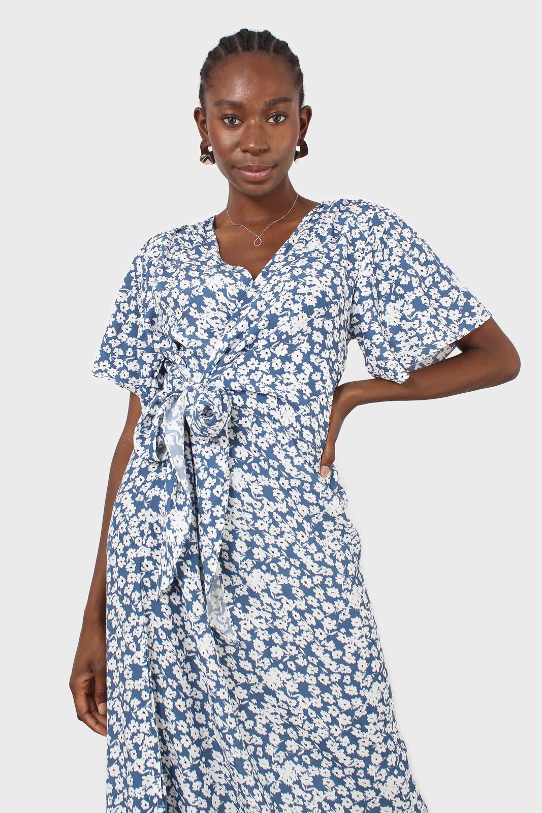 Blue tiny floral print wrap midi dress_10