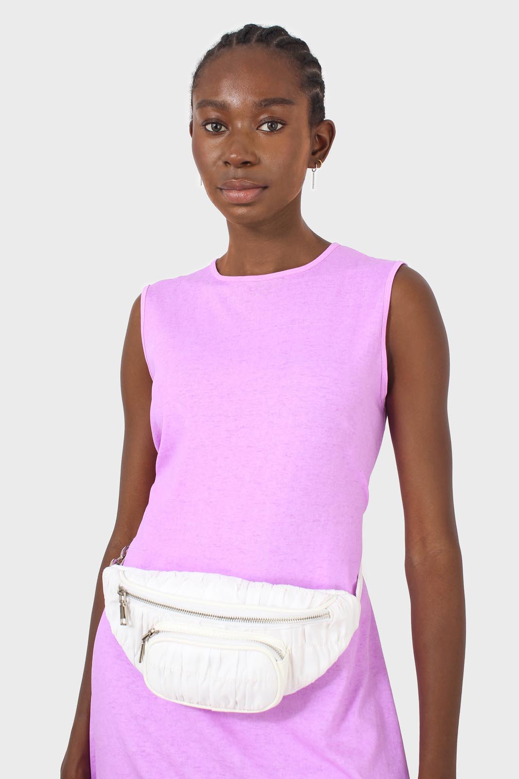 White ruched vegan leather silver zip bum bag_7