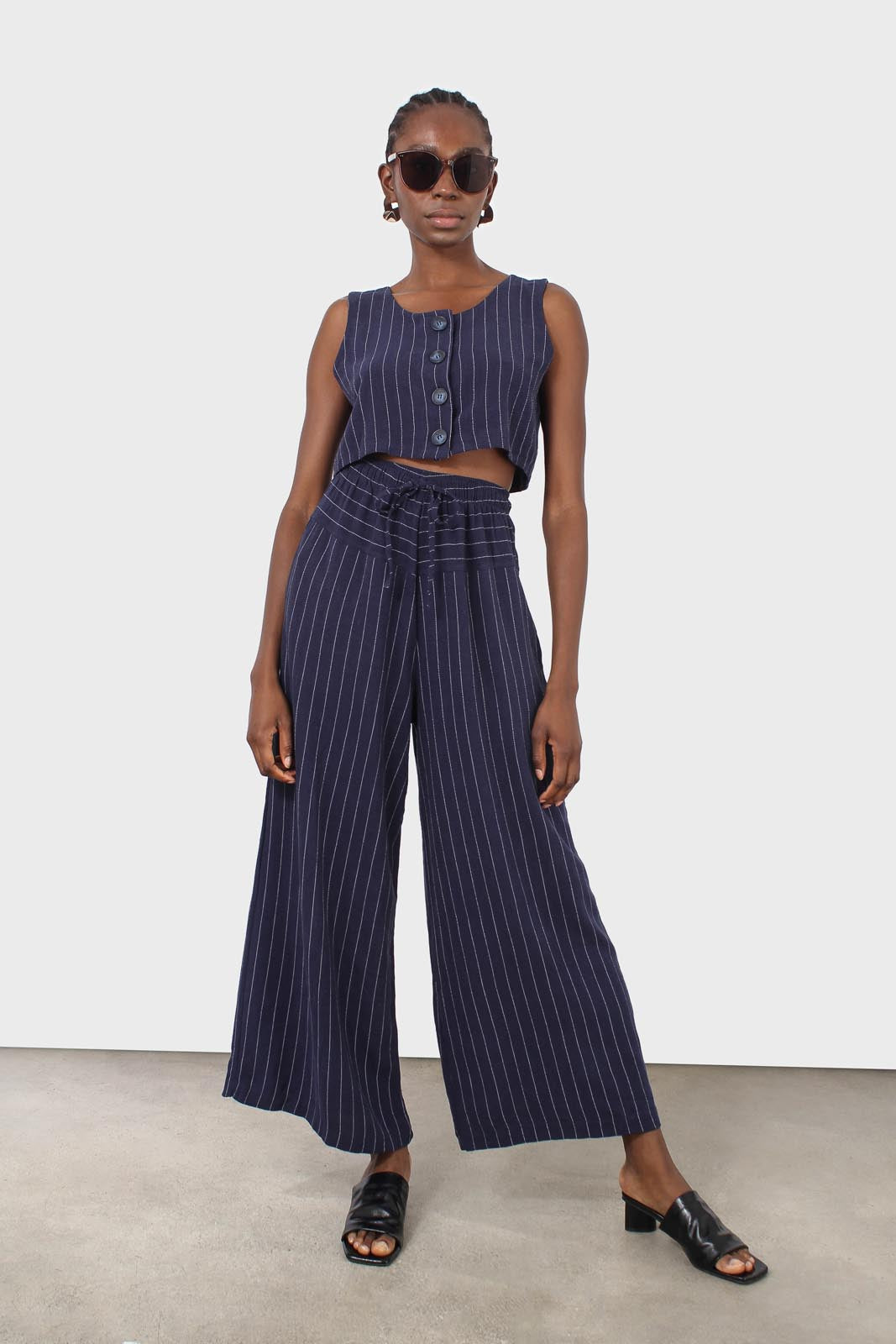 Navy pinstripe button front tank_3