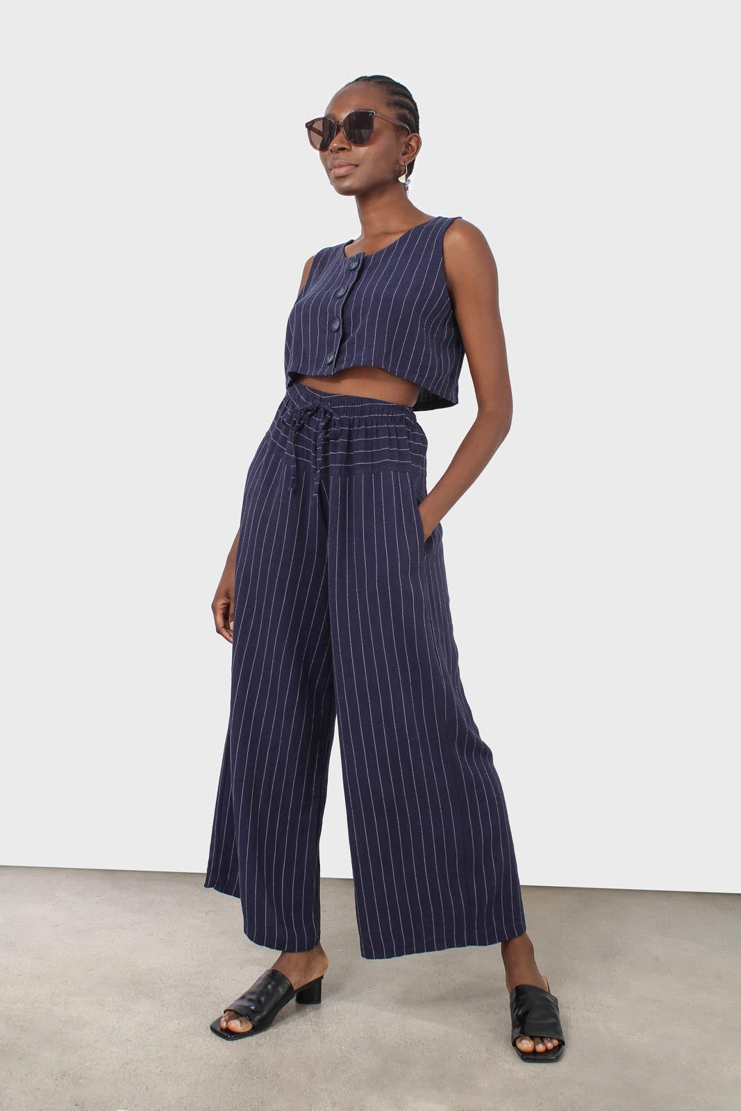 Navy pinstripe drawstring trousers_2