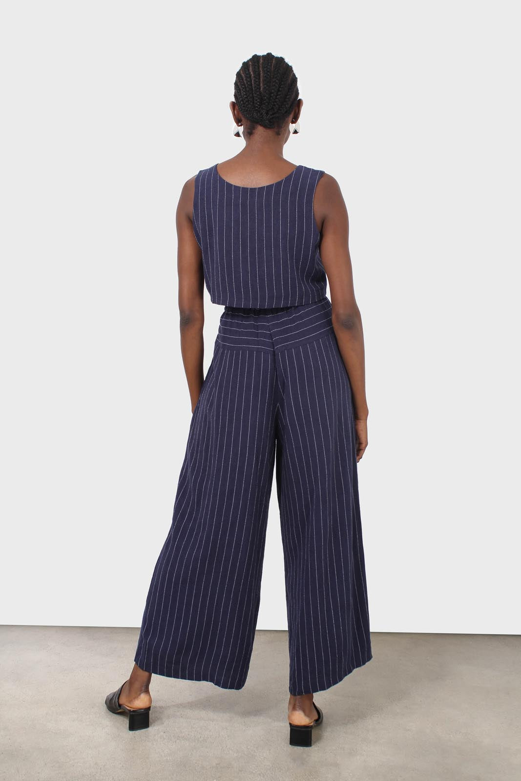 Navy pinstripe drawstring trousers_6