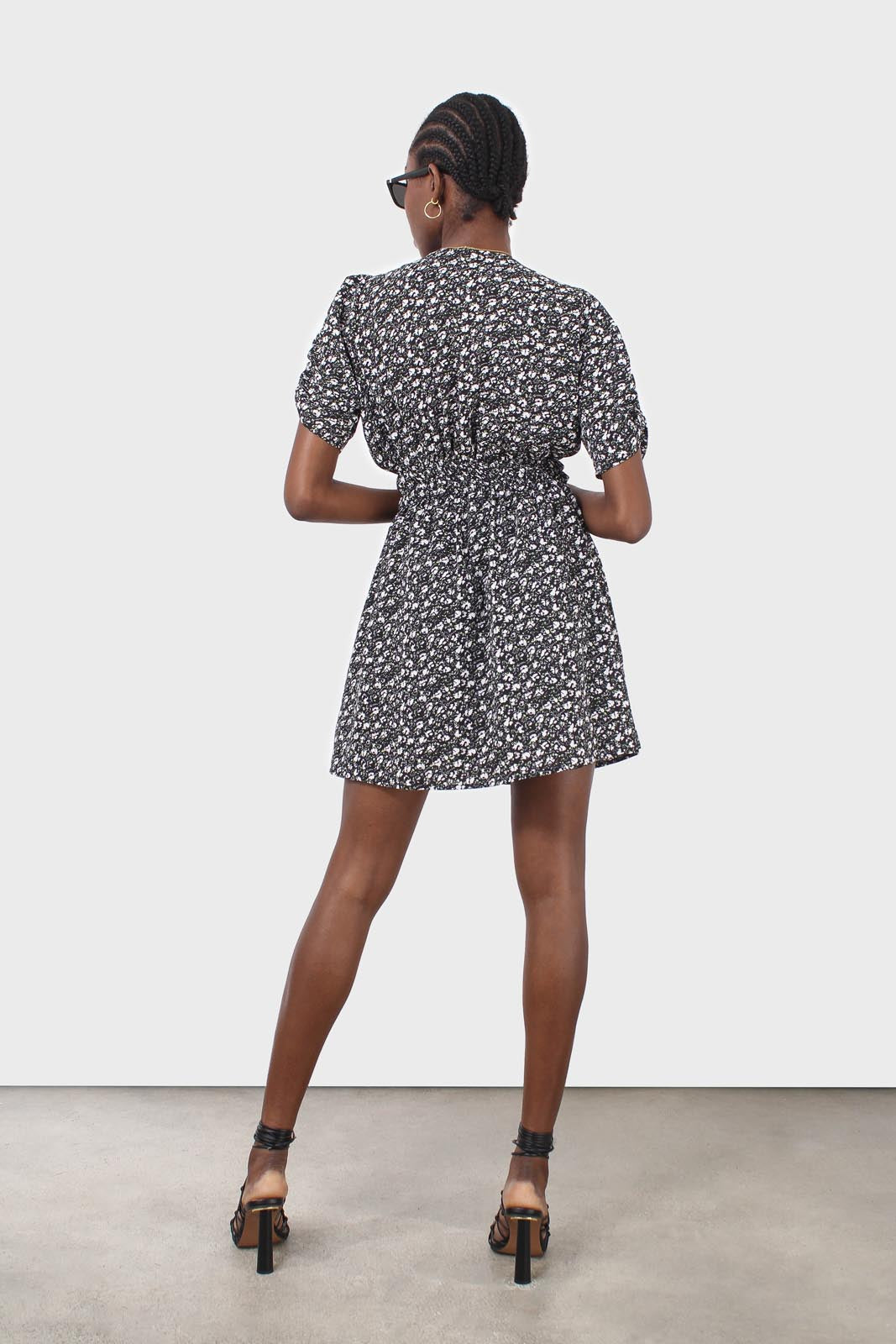 Black floral ruched waist mini dress_4