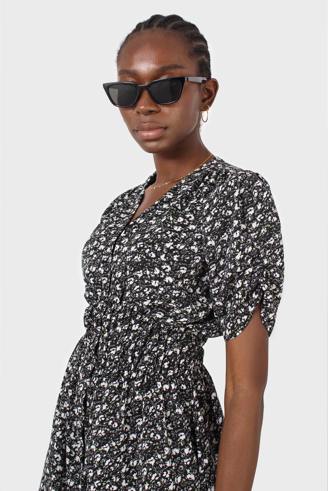 Black floral ruched waist mini dress_6