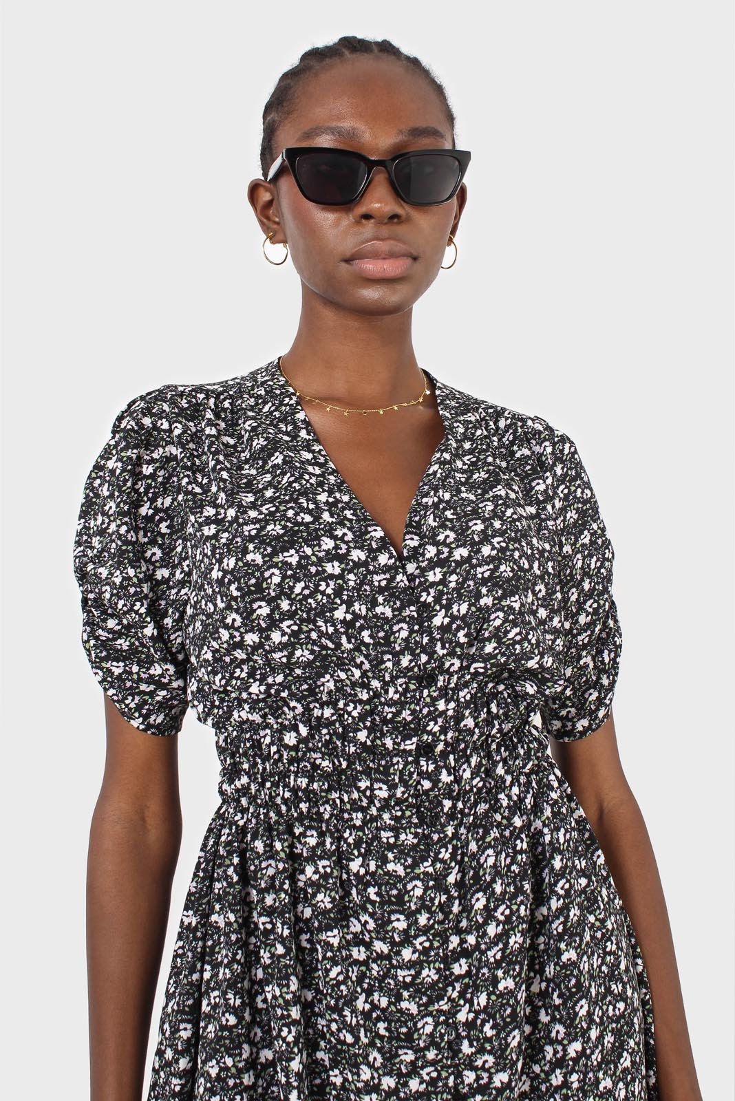 Black floral ruched waist mini dress_7