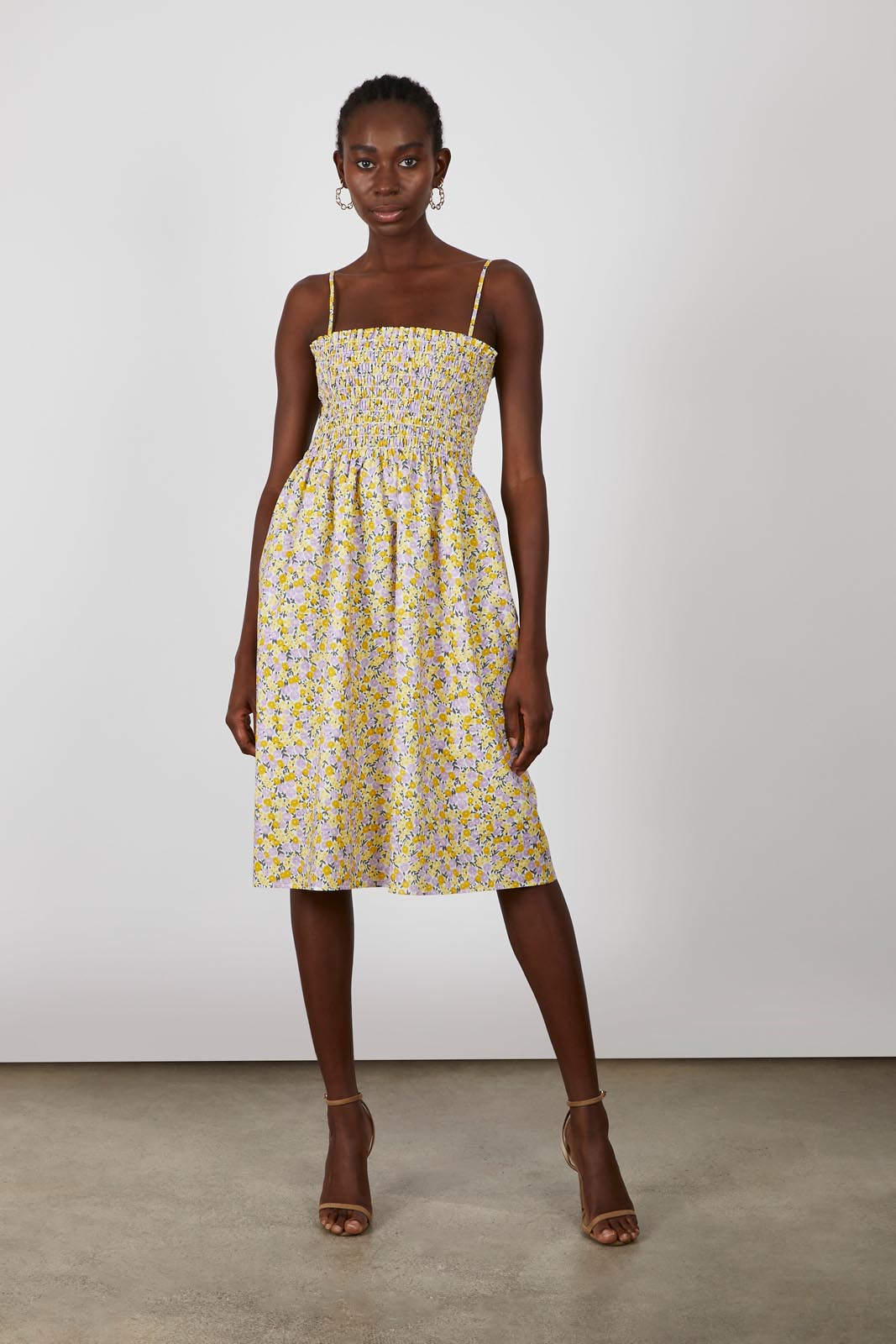 Orange and lilac floral print ruched bodice midi dress_4