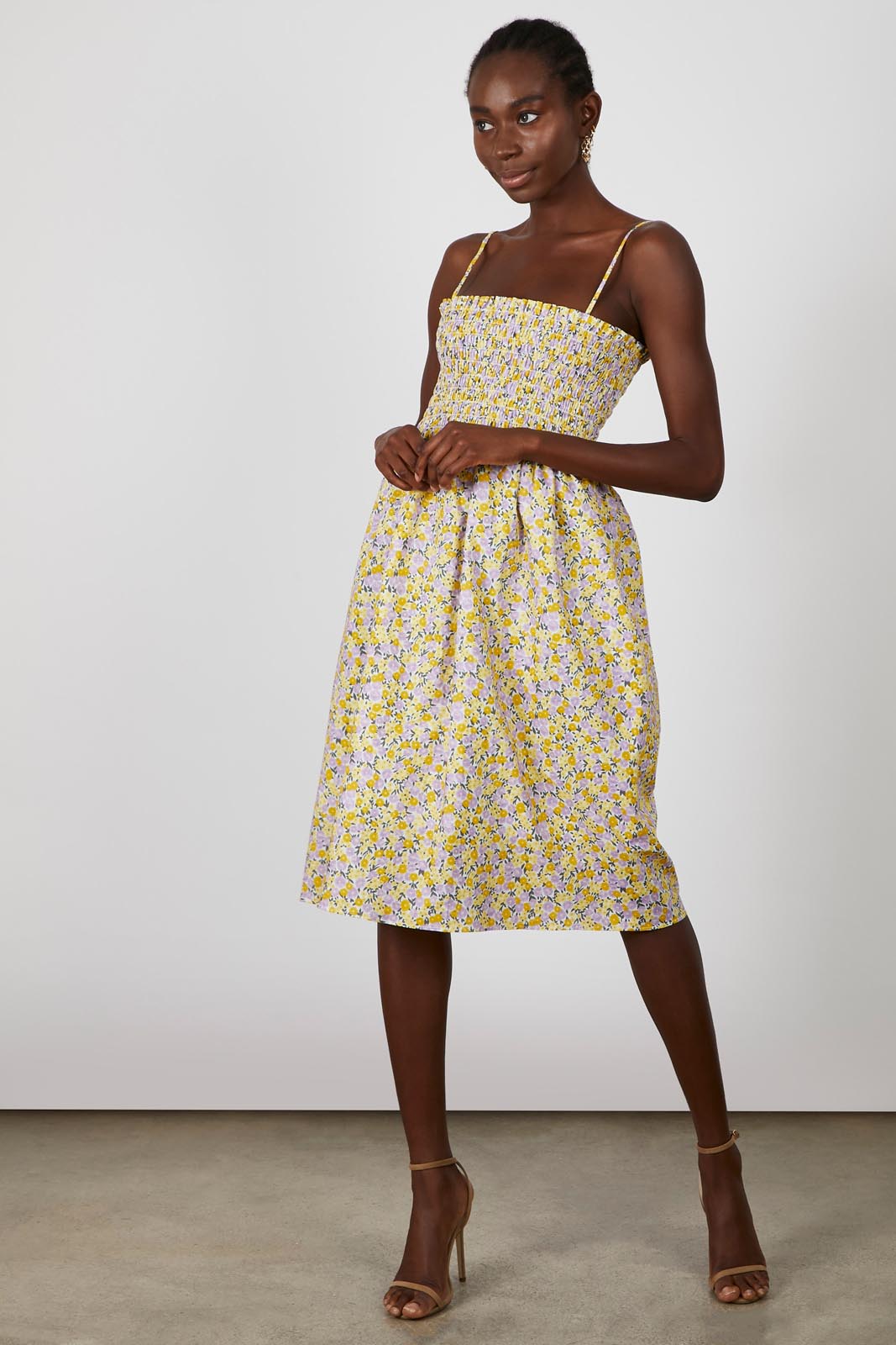 Orange and lilac floral print ruched bodice midi dress_1