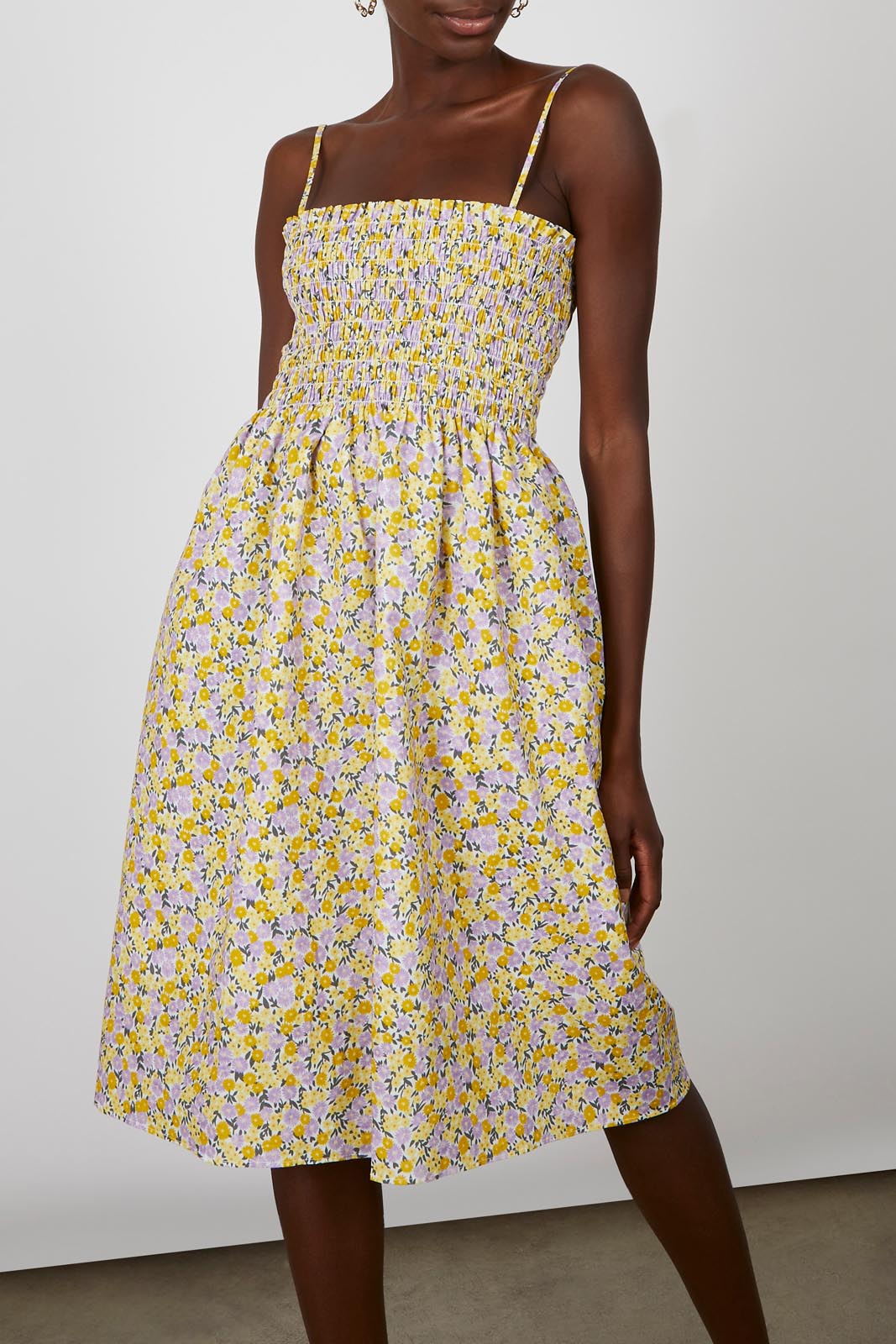 Orange and lilac floral print ruched bodice midi dress_3