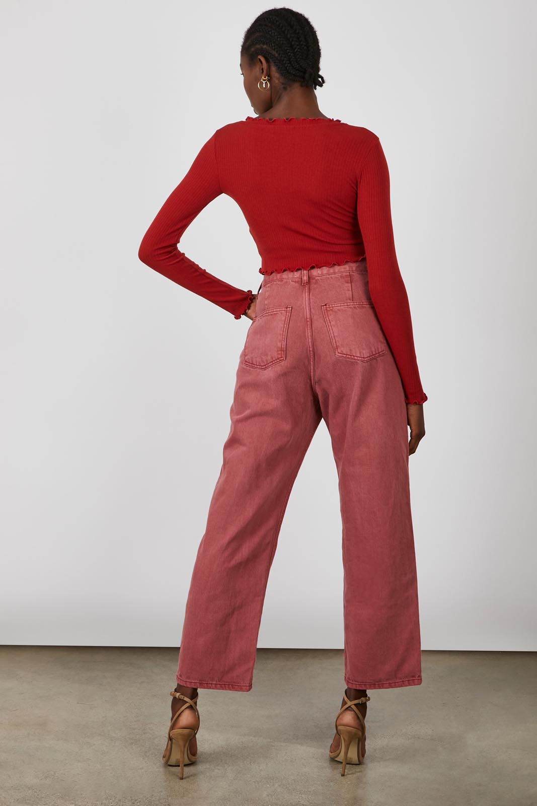 Rust orange ruffle trim button up top_7