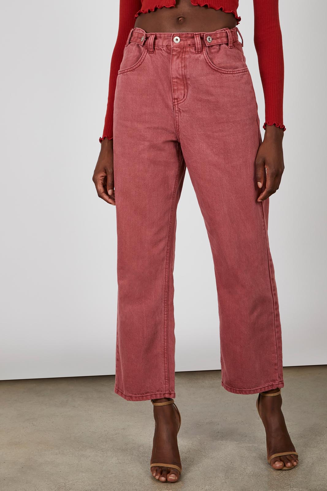 Washed red adjustable side button jeans_1