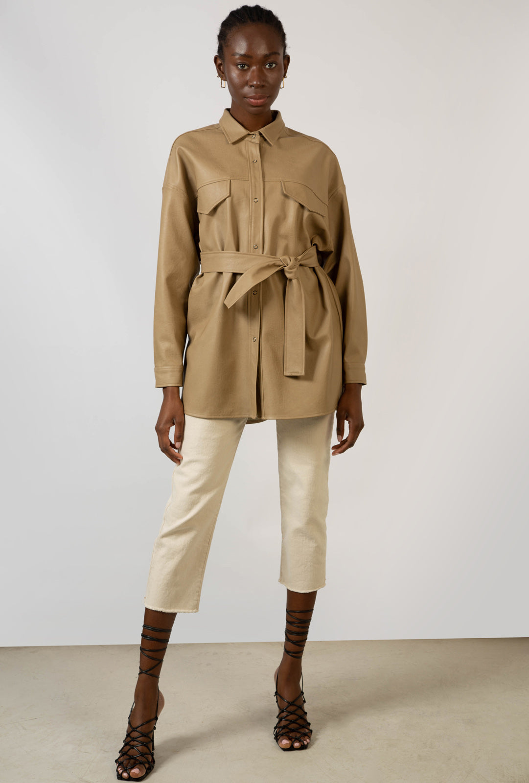 Beige vegan leather belted shirt jacket_1