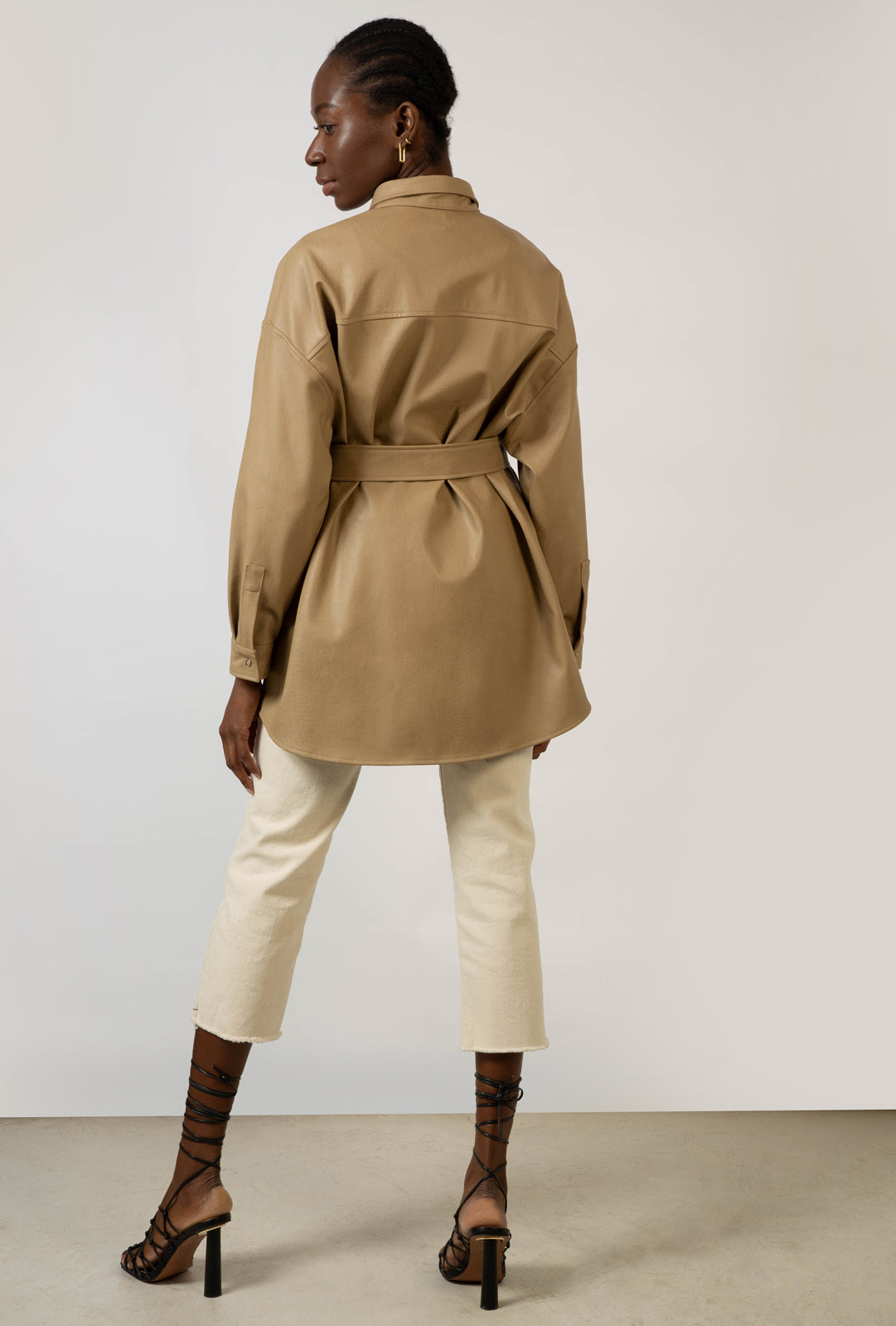 Beige vegan leather belted shirt jacket_3