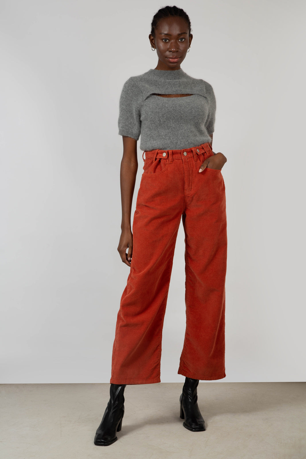 Orange corduroy button waist trousers_4