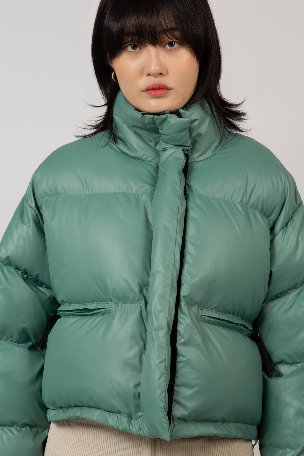 Deep green glossy puffer coat_5