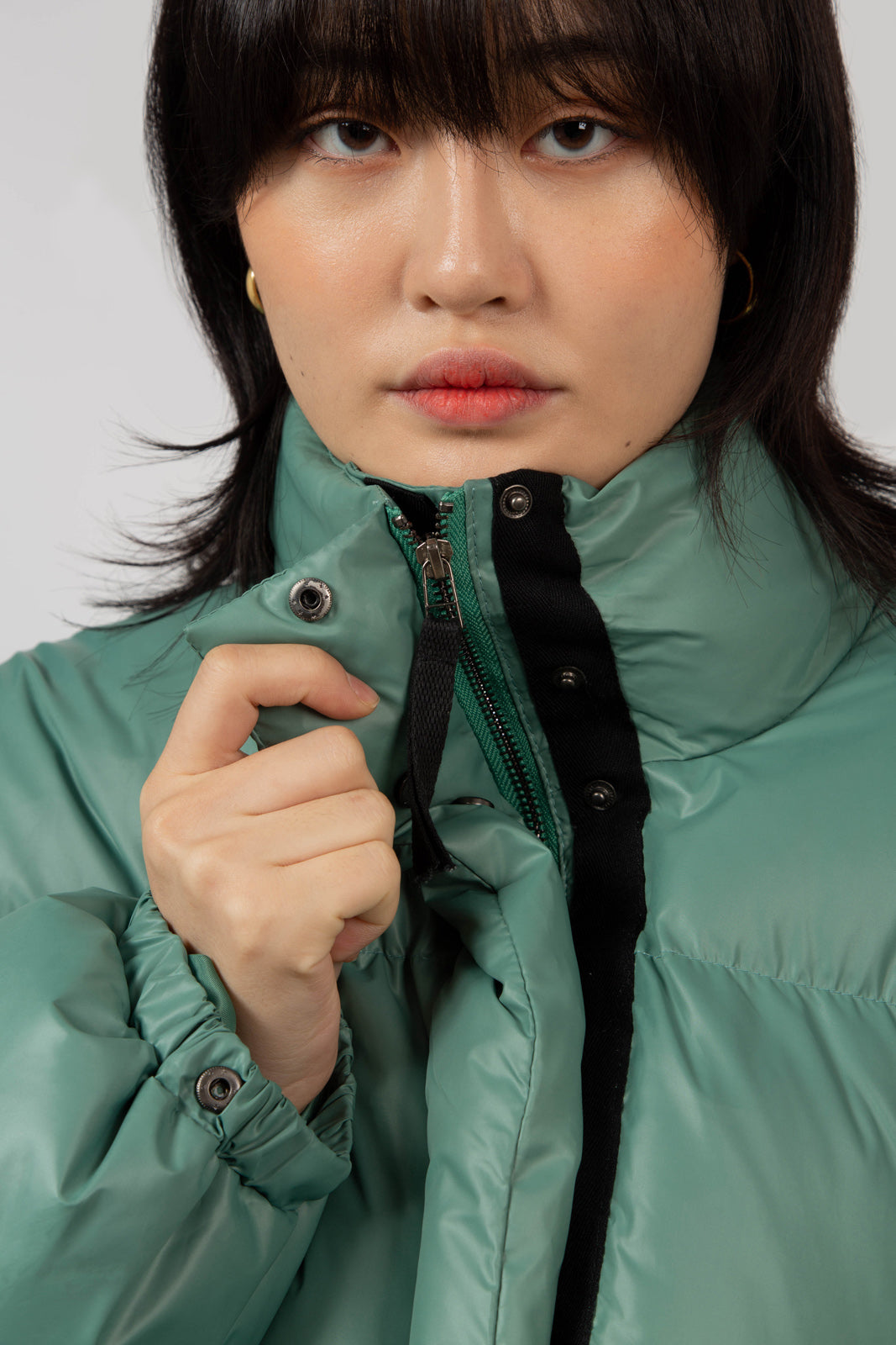 Deep green glossy puffer coat_12