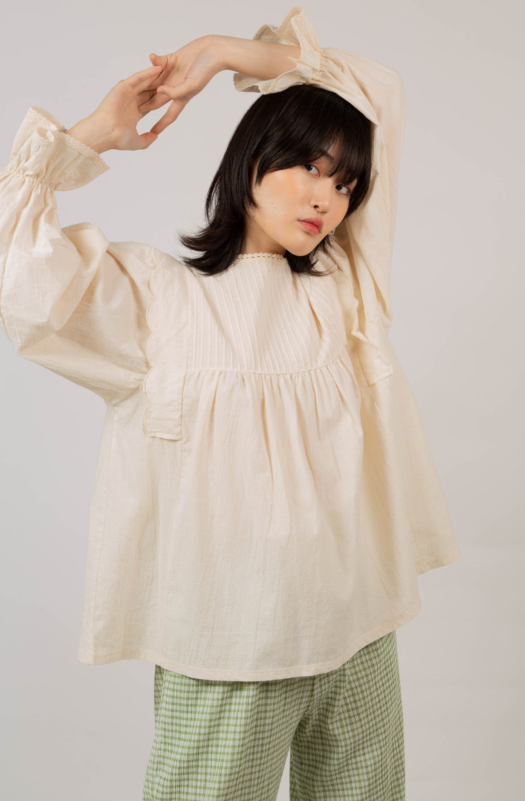 Beige ruffle trim seamed yoke blouse_5