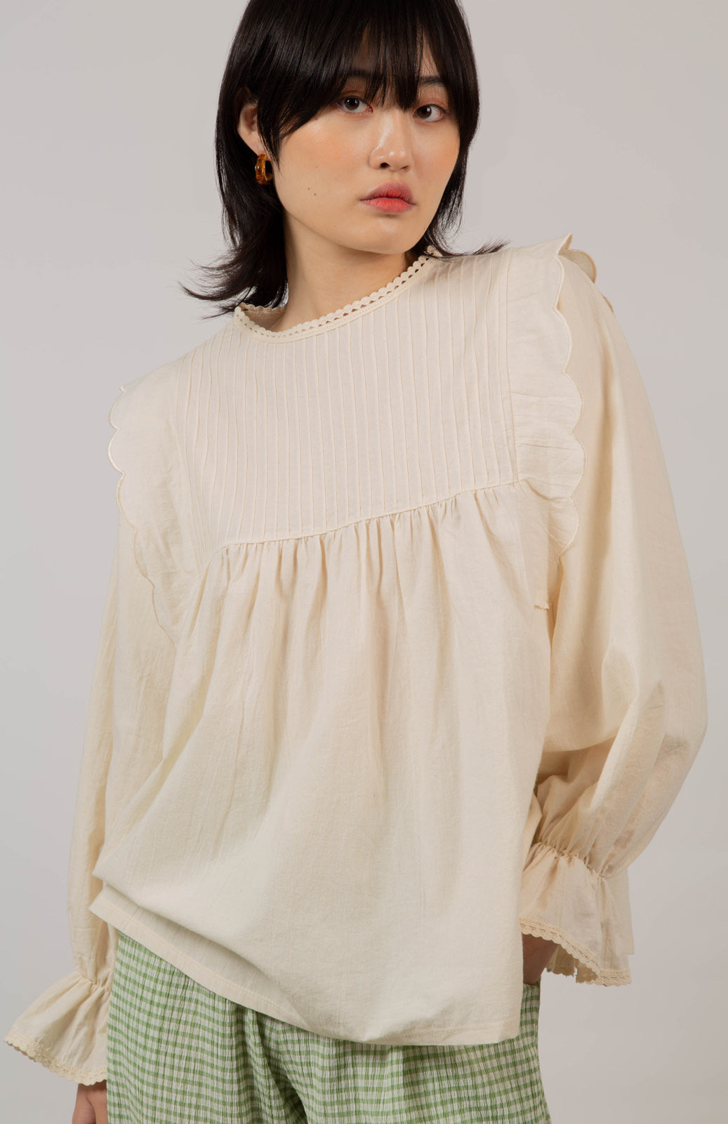 Beige ruffle trim seamed yoke blouse_2