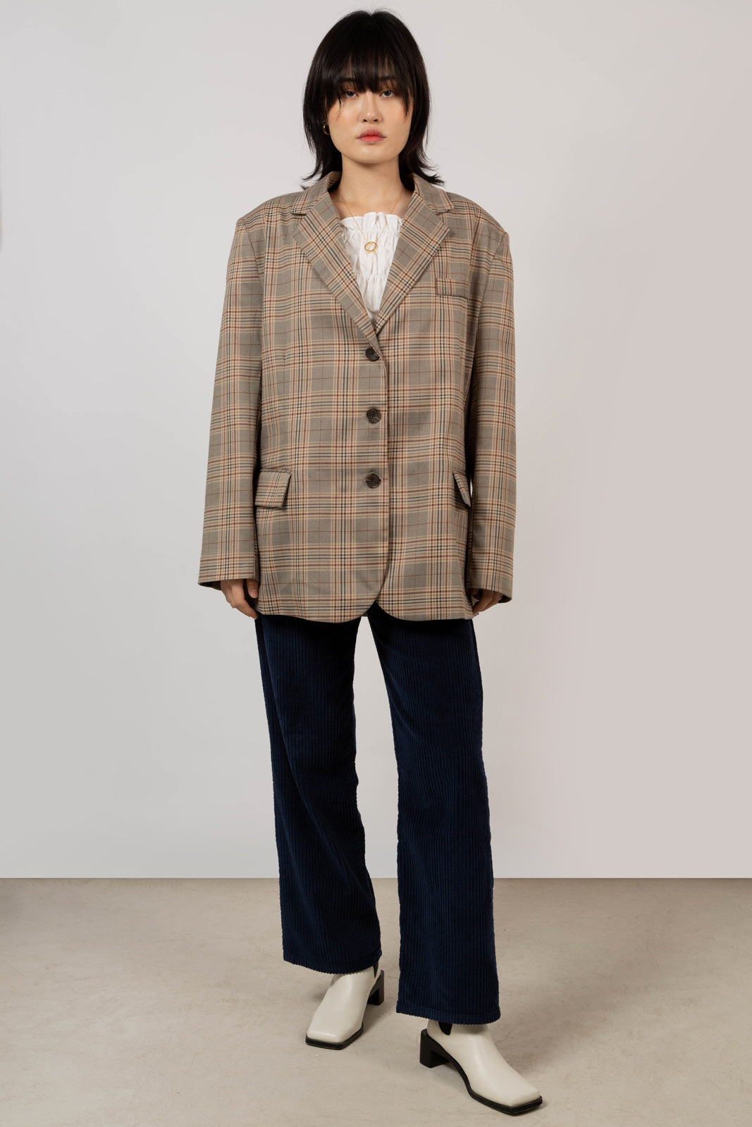 Brown bold check single breasted blazer_6