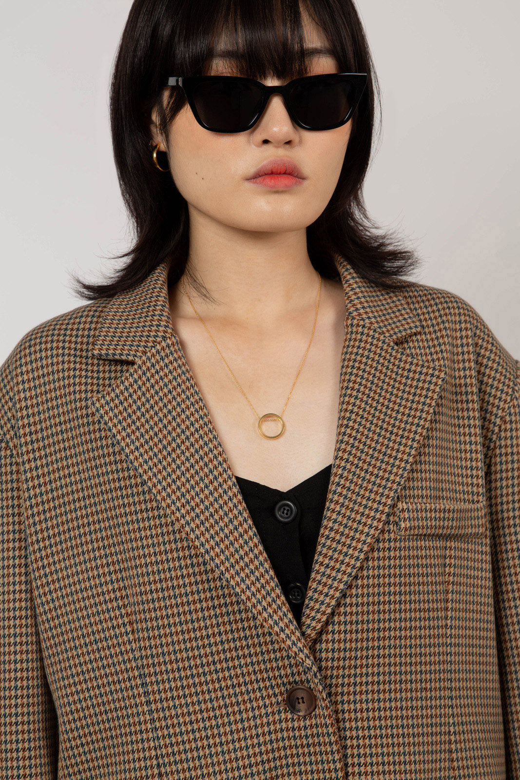 Brown and blue houndstooth single breasted blazer_8