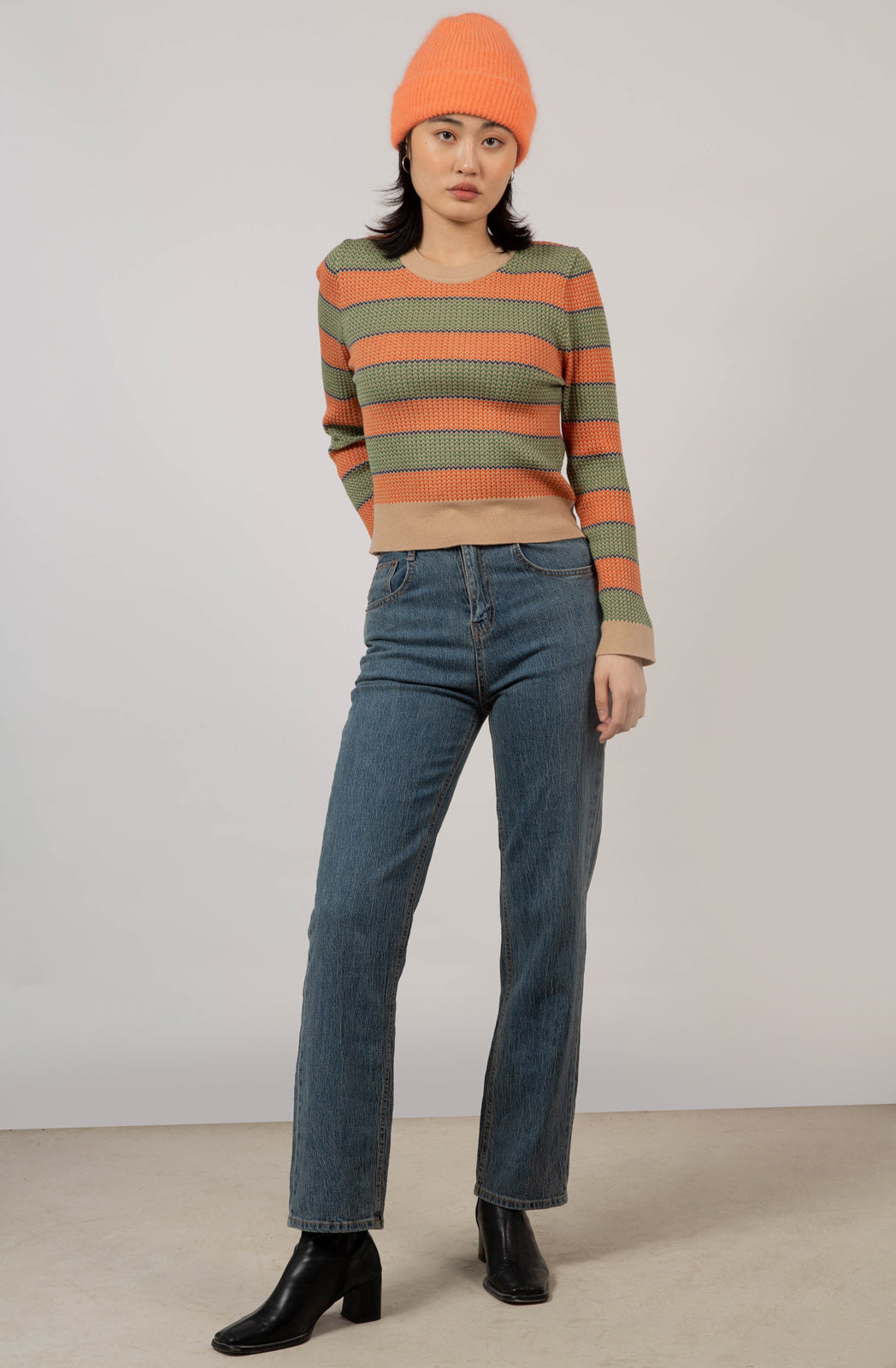 Beige and orange striped knit top_4