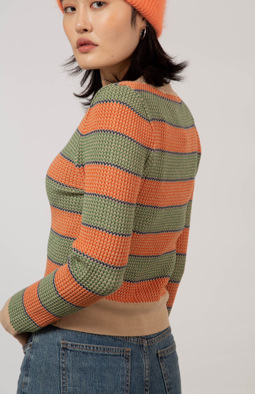 Beige and orange striped knit top_2