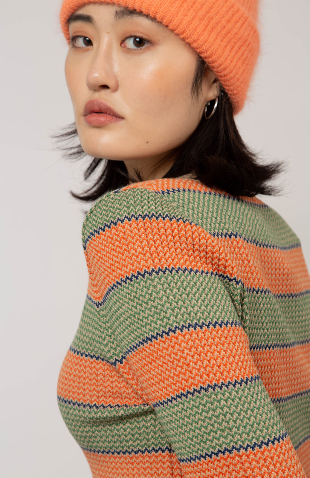 Beige and orange striped knit top_5