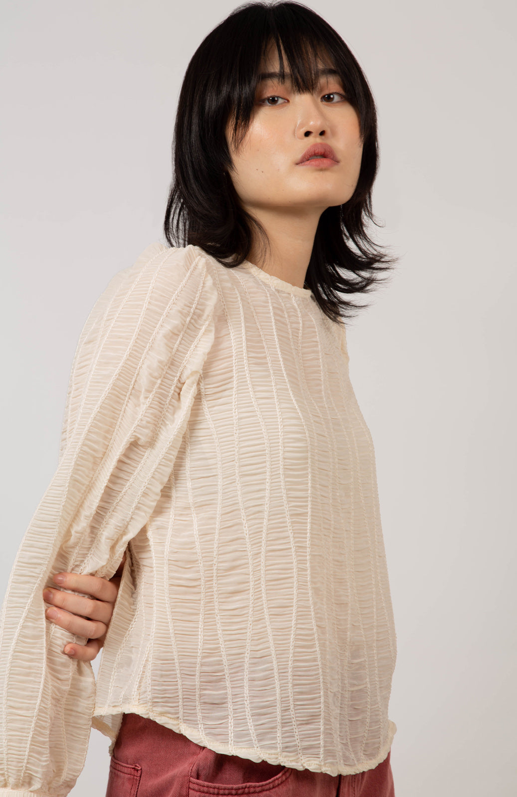 Cream semi sheer patterned blouse_4