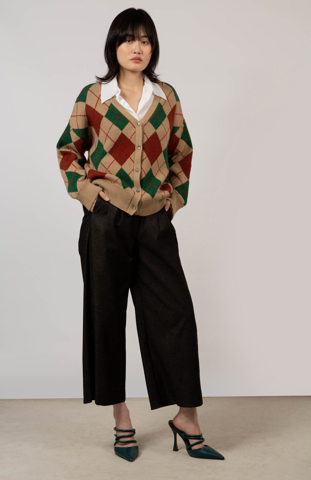 Beige and green argyle intarsia cardigan_2