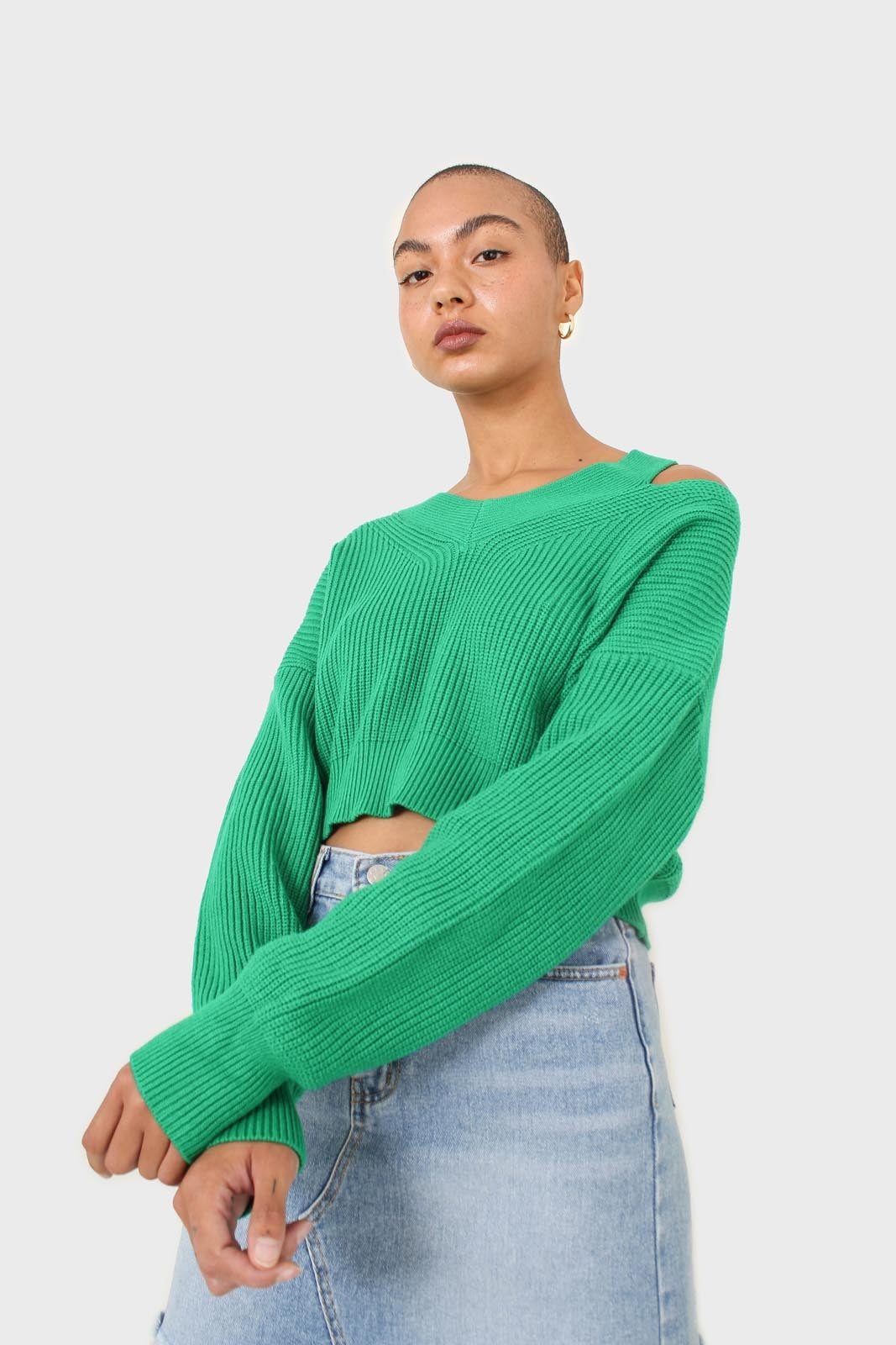 Green side neck slit V-neck jumper_8