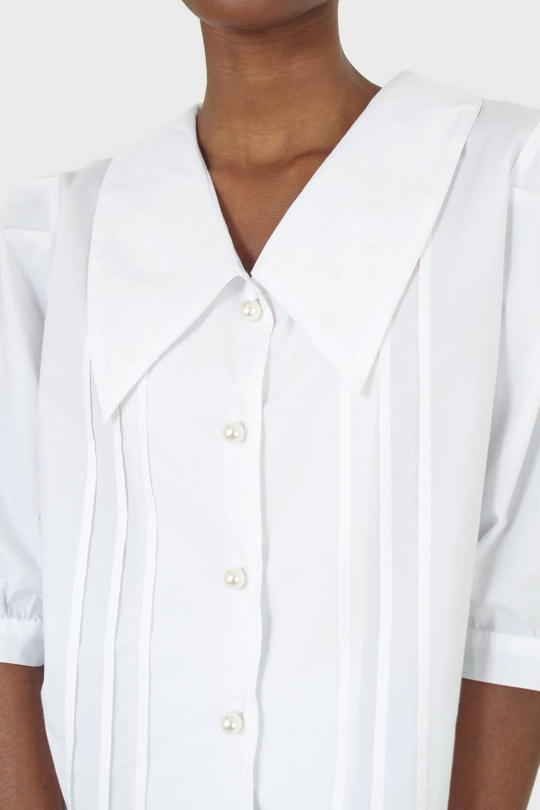 Ivory large collar pleated 3/4 sleeve pearl button blouse_2