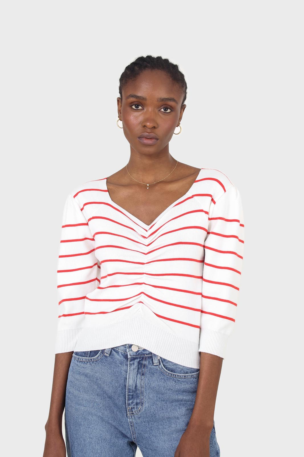 Ivory and red striped ruched front top_5