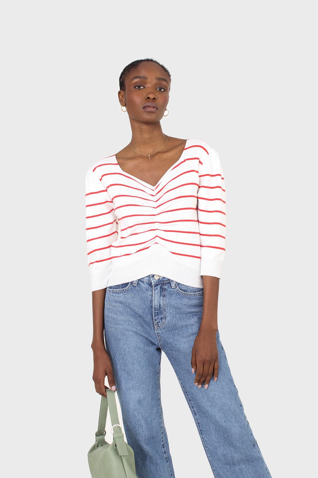 Ivory and red striped ruched front top_7