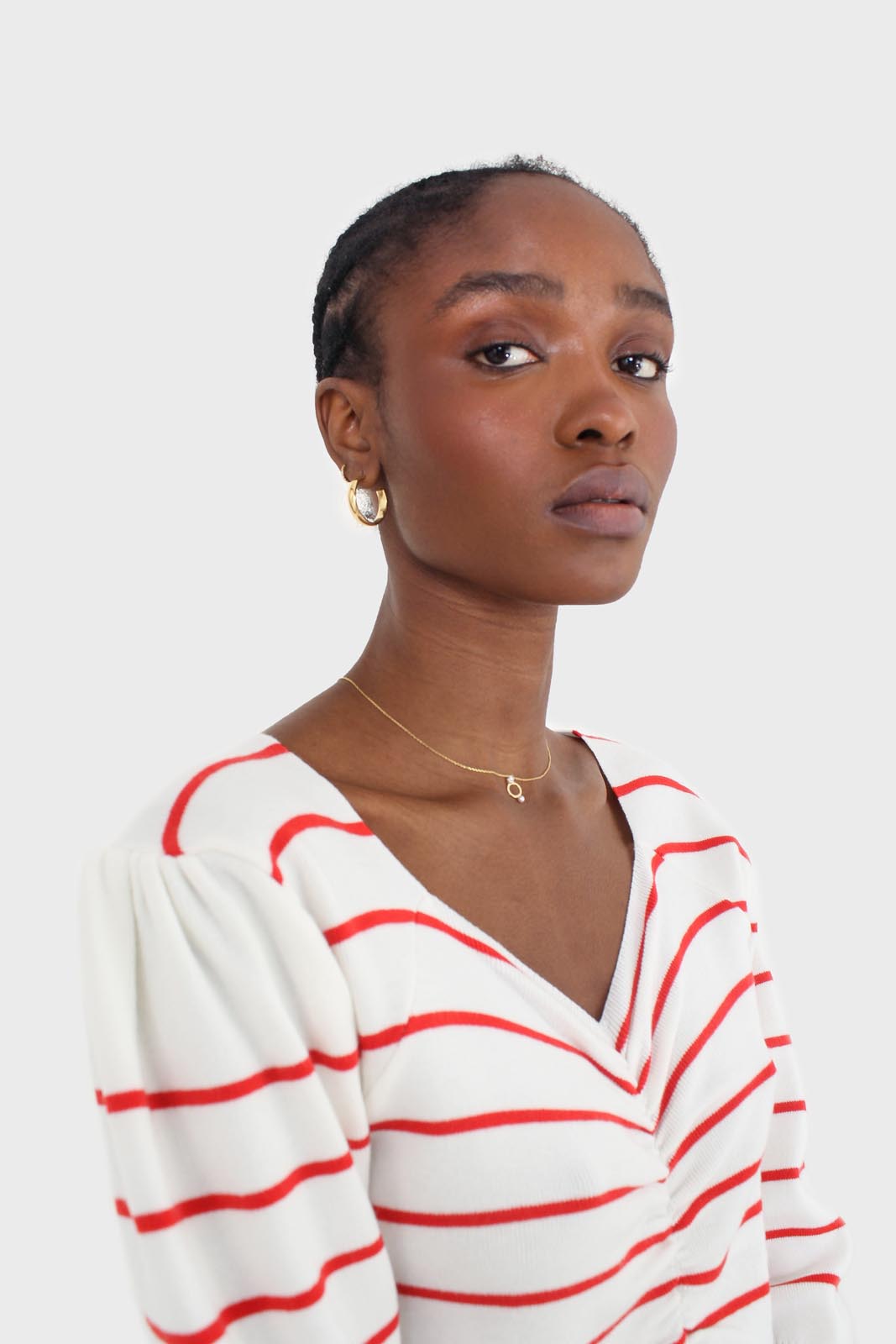 Ivory and red striped ruched front top_2