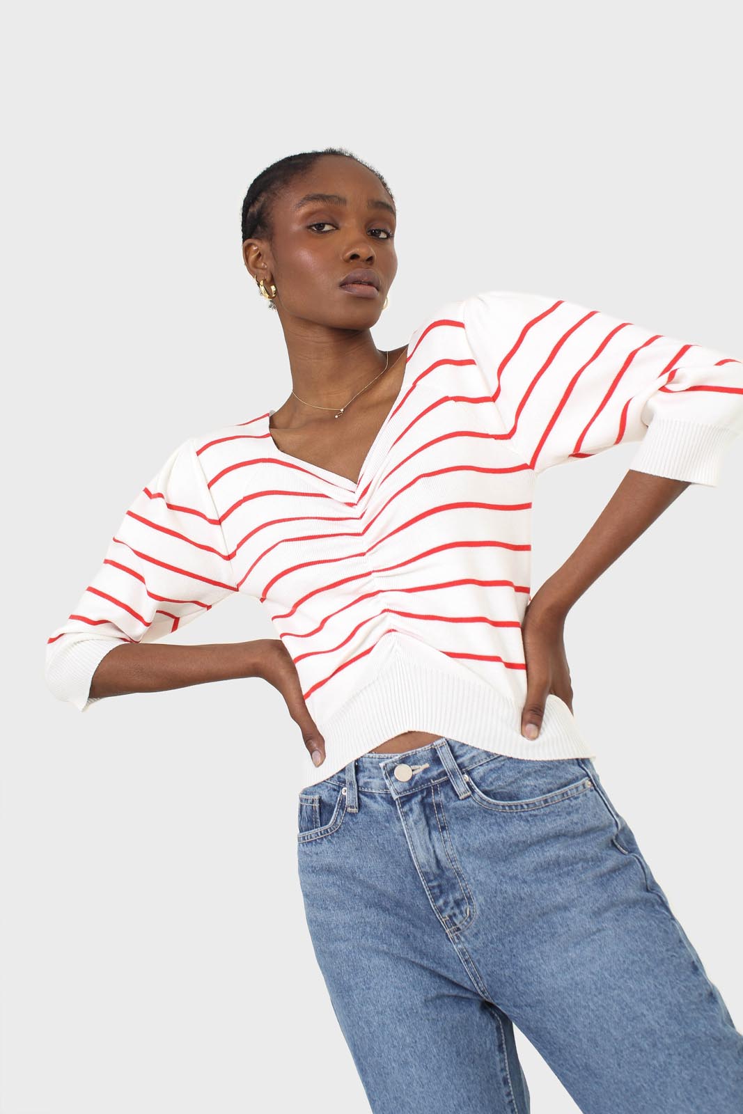 Ivory and red striped ruched front top_9
