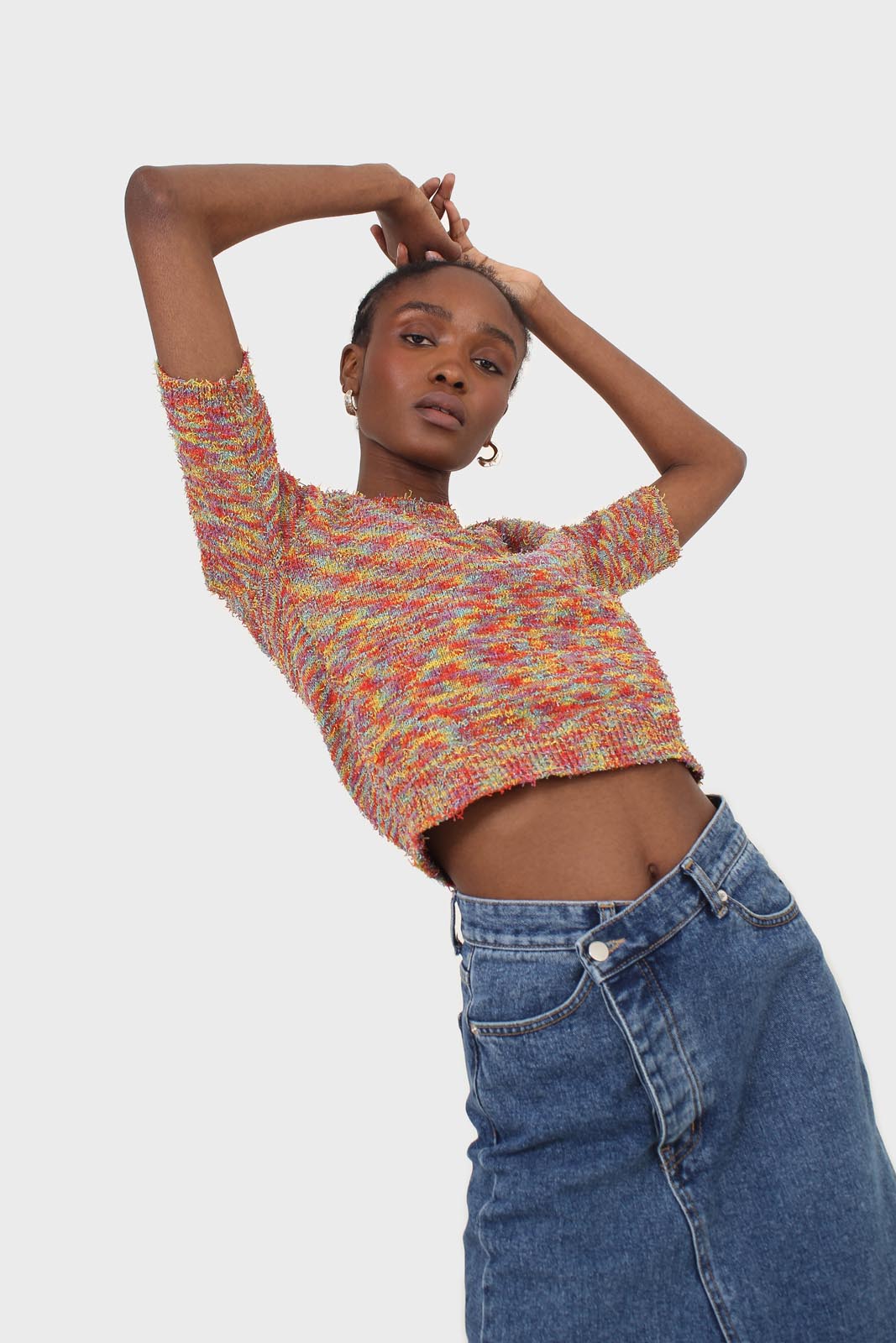 Red rainbow intarsia knit tee_8