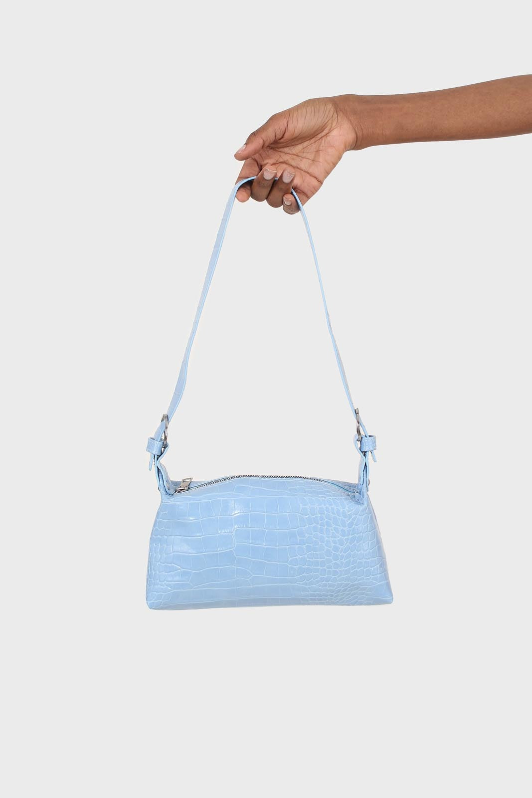Blue croc effect vegan leather shoulder bag_1