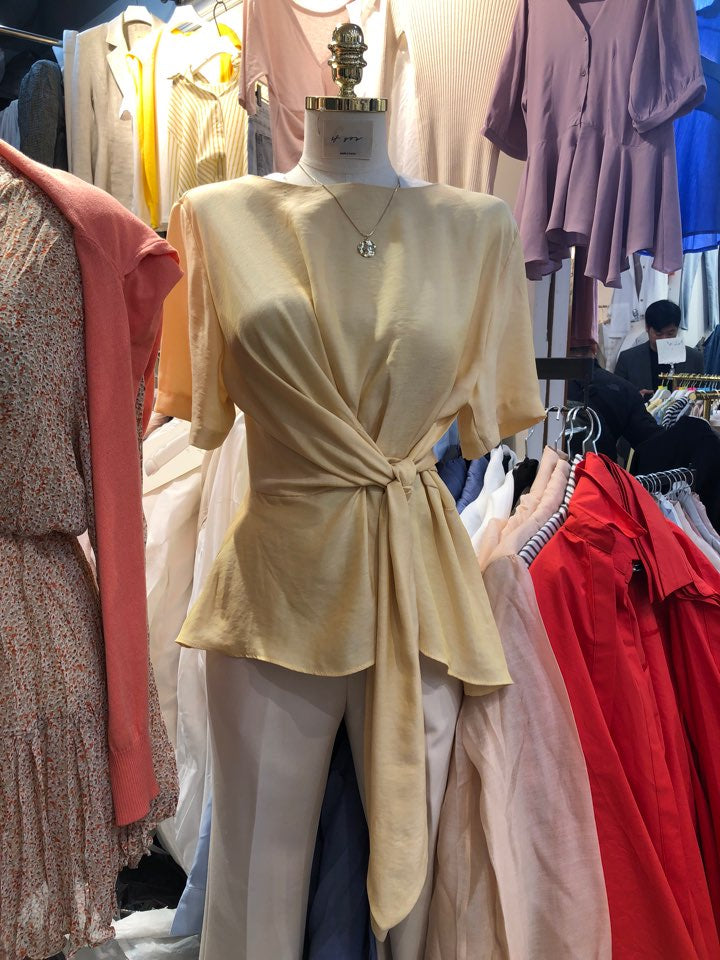 Pale yellow tie waist silky short sleeved blouse_1