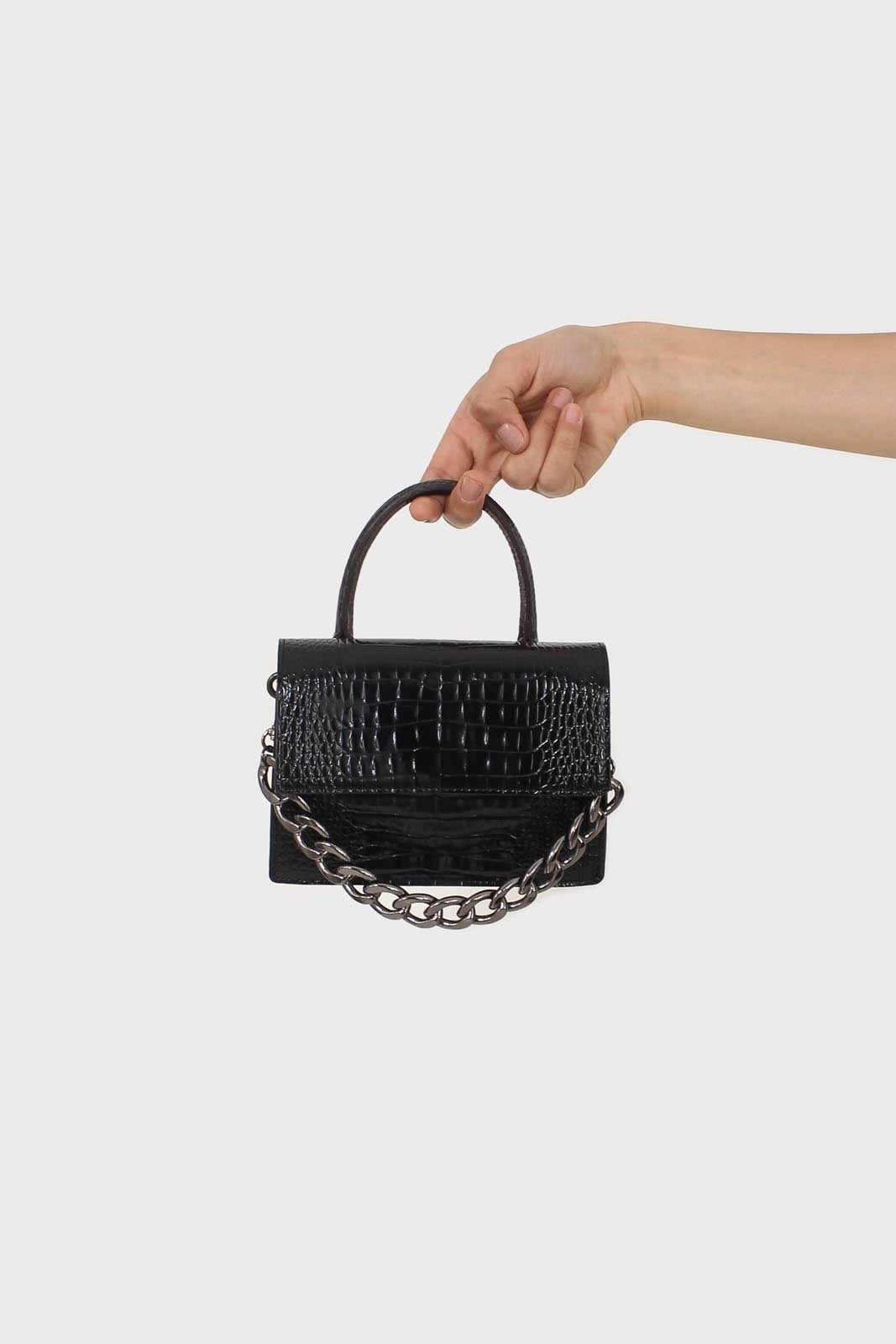 Black croc skin rectangle thick chain handbag_2